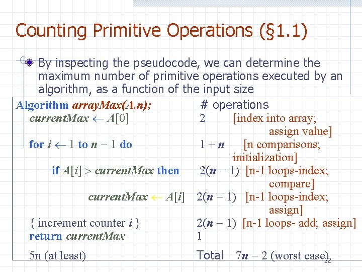 Counting Primitive Operations (§ 1. 1) By inspecting the pseudocode, we can determine the Counting Primitive Operations (§ 1. 1) By inspecting the pseudocode, we can determine the
