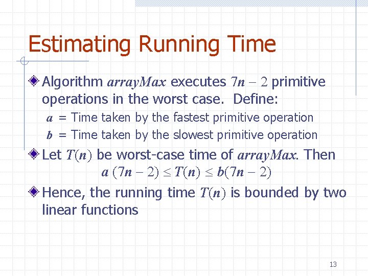 Estimating Running Time Algorithm array. Max executes 7 n 2 primitive operations in the Estimating Running Time Algorithm array. Max executes 7 n 2 primitive operations in the