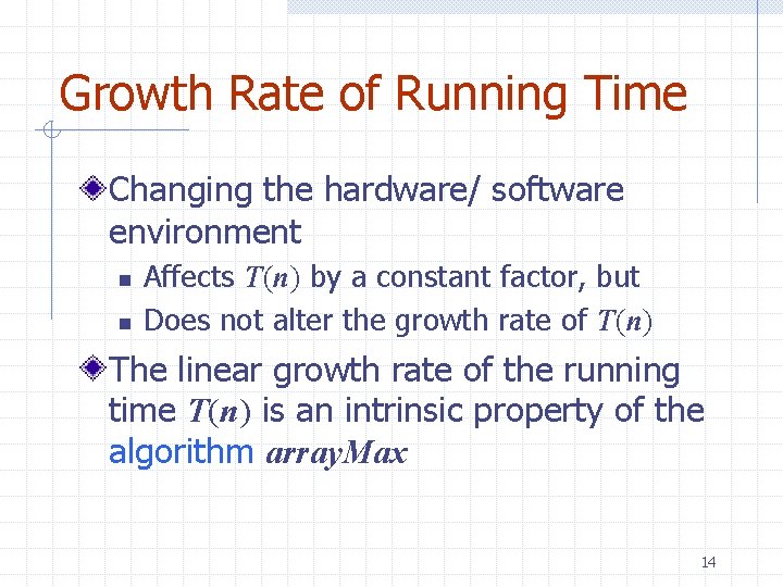 Growth Rate of Running Time Changing the hardware/ software environment n n Affects T(n) Growth Rate of Running Time Changing the hardware/ software environment n n Affects T(n)