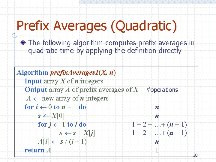 Prefix Averages (Quadratic) The following algorithm computes prefix averages in quadratic time by applying Prefix Averages (Quadratic) The following algorithm computes prefix averages in quadratic time by applying