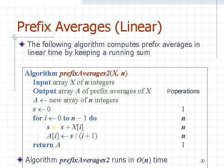 Prefix Averages (Linear) The following algorithm computes prefix averages in linear time by keeping Prefix Averages (Linear) The following algorithm computes prefix averages in linear time by keeping