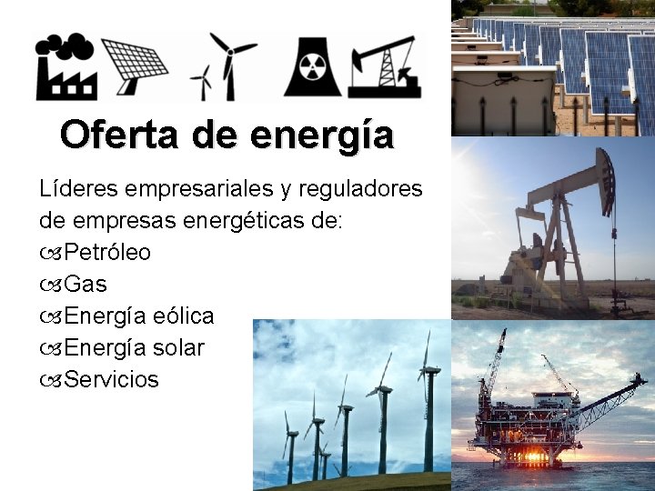 Oferta de energía Líderes empresariales y reguladores de empresas energéticas de: Petróleo Gas Energía