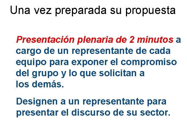 Una vez preparada su propuesta Presentación plenaria de 2 minutos a cargo de un