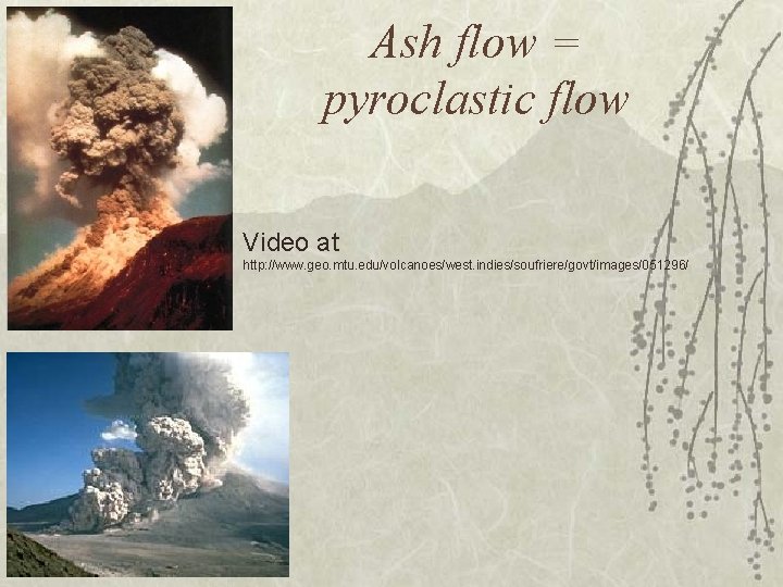 Ash flow = pyroclastic flow Video at http: //www. geo. mtu. edu/volcanoes/west. indies/soufriere/govt/images/051296/ 