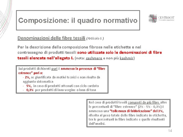 Composizione: il quadro normativo Denominazioni delle fibre tessili (Articolo 5 ) Per la descrizione