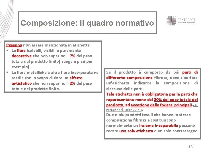 Composizione: il quadro normativo Possono non essere menzionate in etichetta § Le fibre isolabili,