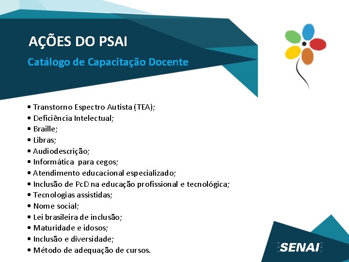 AÇÕES DO PSAI Catálogo de Capacitação Docente • Transtorno Espectro Autista (TEA); • Deficiência