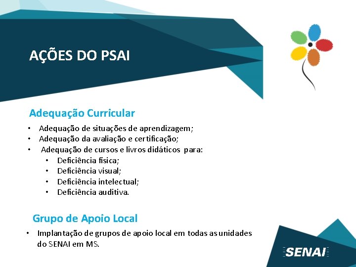 AÇÕES DO PSAI Adequação Curricular • Adequação de situações de aprendizagem; • Adequação da