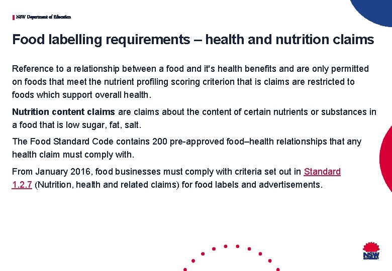 NSW Department of Education Food labelling requirements – health and nutrition claims Reference to