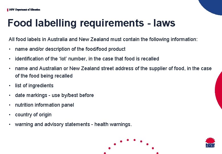 NSW Department of Education Food labelling requirements - laws All food labels in Australia