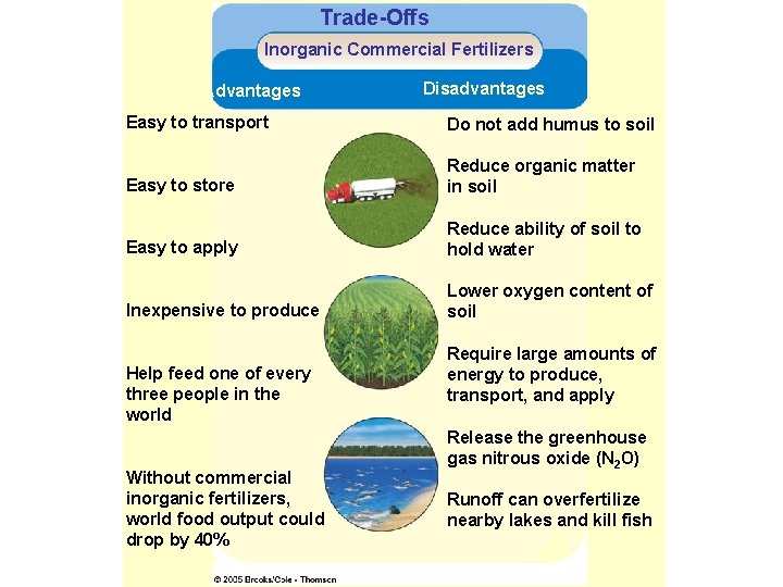 Trade-Offs Inorganic Commercial Fertilizers Advantages Disadvantages Easy to transport Do not add humus to