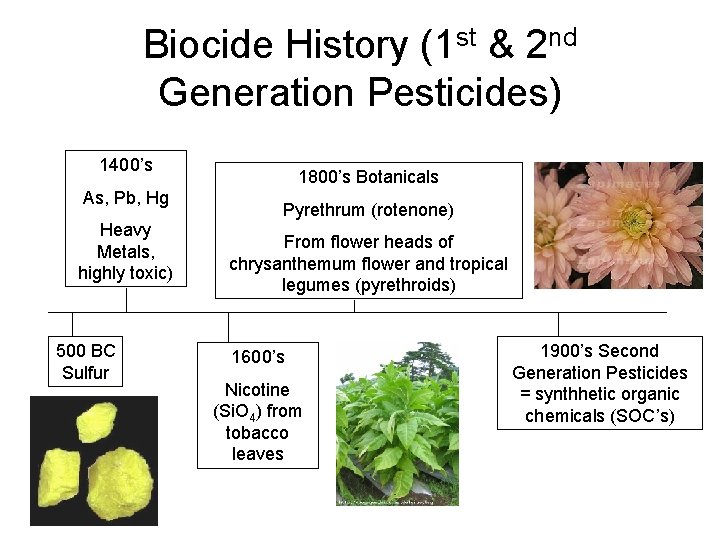 Biocide History (1 st & 2 nd Generation Pesticides) 1400’s As, Pb, Hg Heavy