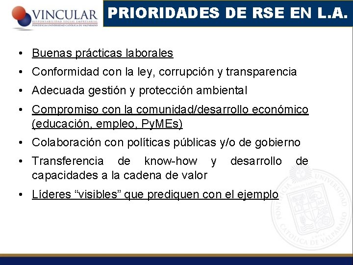 PRIORIDADES DE RSE EN L. A. • Buenas prácticas laborales • Conformidad con la