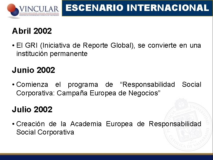 ESCENARIO INTERNACIONAL Abril 2002 • El GRI (Iniciativa de Reporte Global), se convierte en