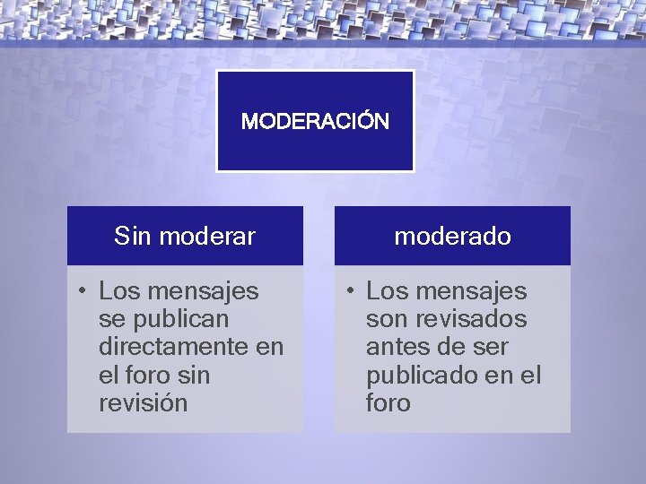 MODERACIÓN Sin moderar • Los mensajes se publican directamente en el foro sin revisión