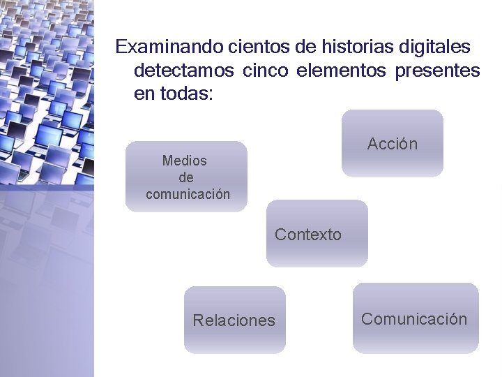 Examinando cientos de historias digitales detectamos cinco elementos presentes en todas: Acción Medios de