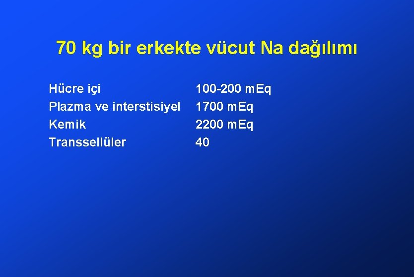 70 kg bir erkekte vücut Na dağılımı Hücre içi Plazma ve interstisiyel Kemik Transsellüler