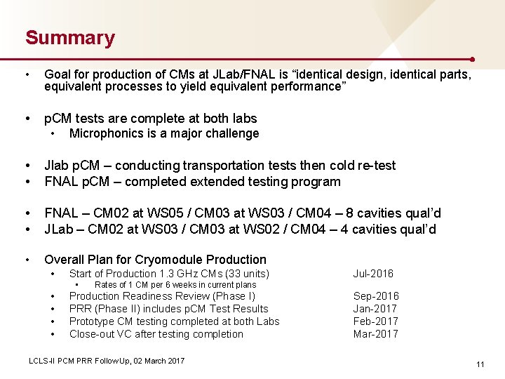 Summary • Goal for production of CMs at JLab/FNAL is “identical design, identical parts,