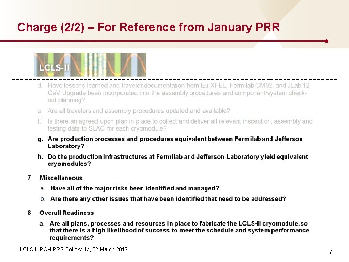 Charge (2/2) – For Reference from January PRR LCLS-II PCM PRR Follow Up, 02