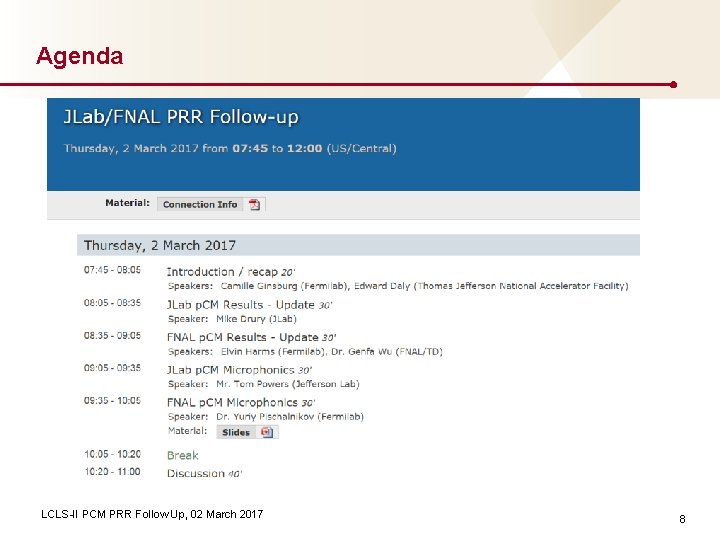 Agenda LCLS-II PCM PRR Follow Up, 02 March 2017 8 