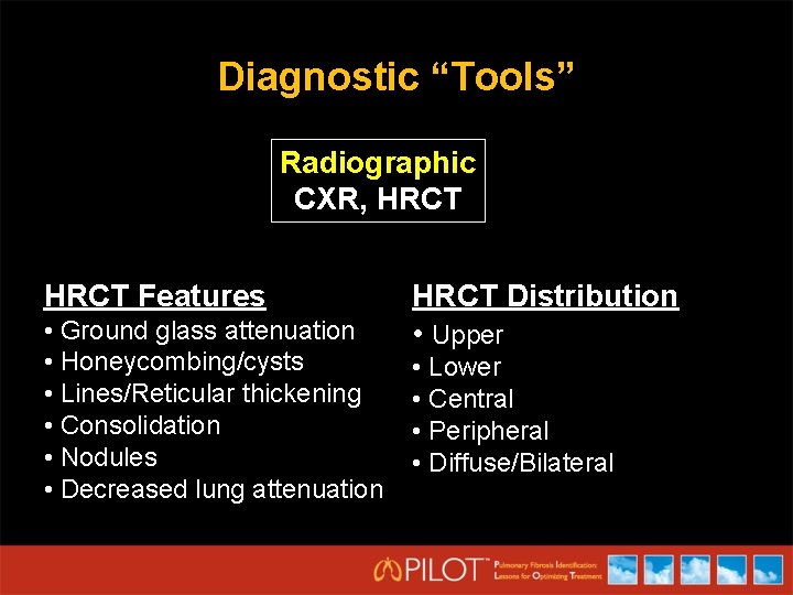 Diagnostic “Tools” Radiographic CXR, HRCT Features • Ground glass attenuation • Honeycombing/cysts • Lines/Reticular