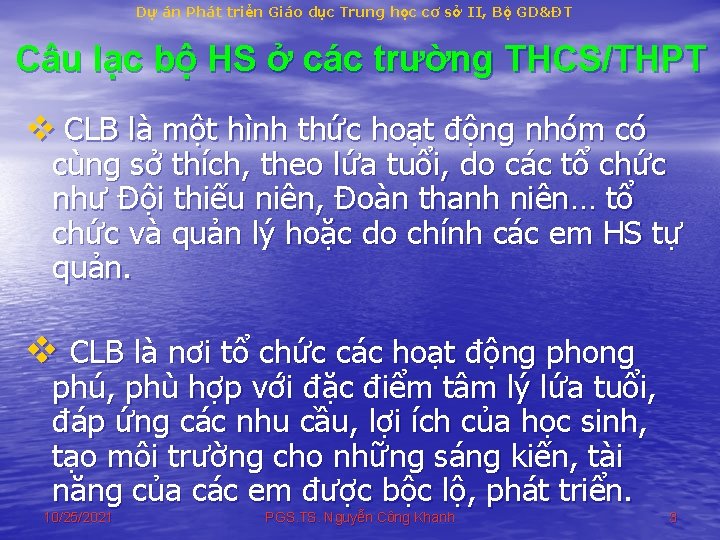 Dự án Phát triển Giáo dục Trung học cơ sở II, Bộ GD&ĐT Câu