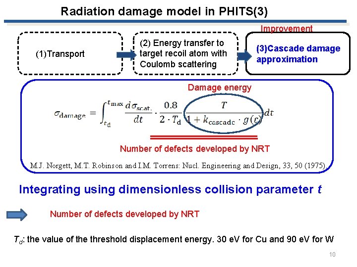 Radiation damage model in PHITS(3) Improvement (1)Transport (2) Energy transfer to target recoil atom
