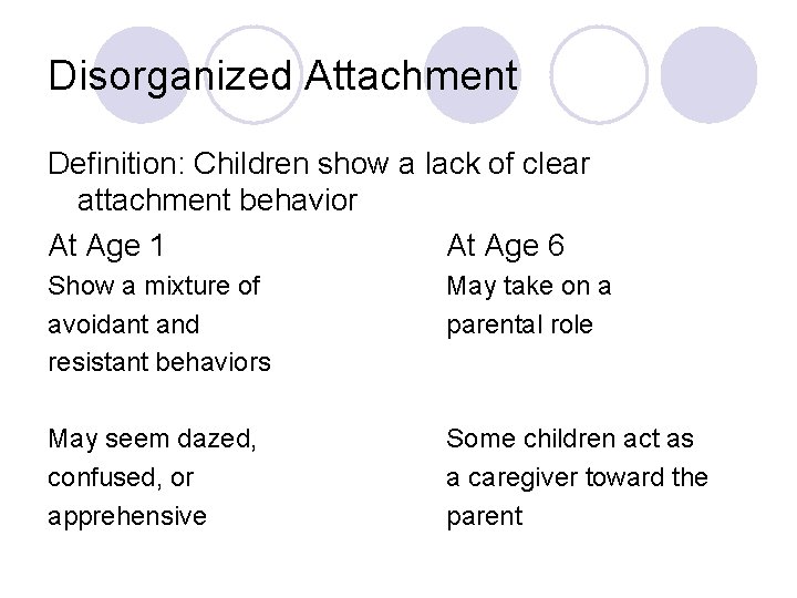 Disorganized Attachment Definition: Children show a lack of clear attachment behavior At Age 1