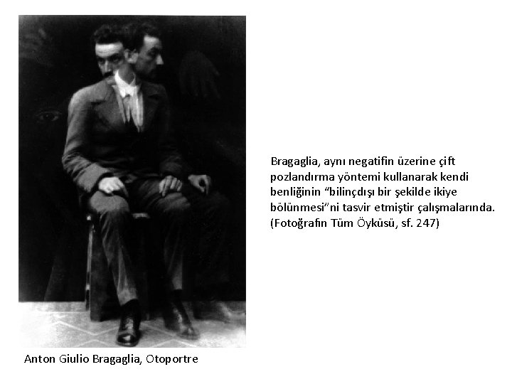 Bragaglia, aynı negatifin üzerine çift pozlandırma yöntemi kullanarak kendi benliğinin “bilinçdışı bir şekilde ikiye