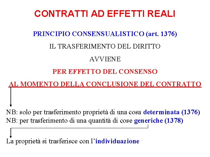 CONTRATTI AD EFFETTI REALI PRINCIPIO CONSENSUALISTICO (art. 1376) IL TRASFERIMENTO DEL DIRITTO AVVIENE PER