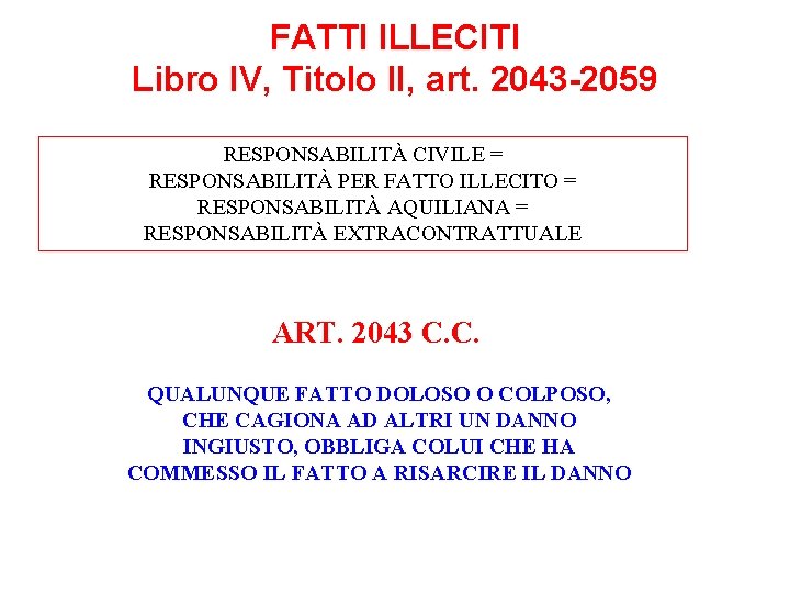 FATTI ILLECITI Libro IV, Titolo II, art. 2043 -2059 RESPONSABILITÀ CIVILE = RESPONSABILITÀ PER