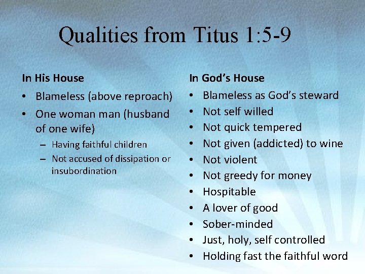 Qualities from Titus 1: 5 -9 In His House • Blameless (above reproach) •