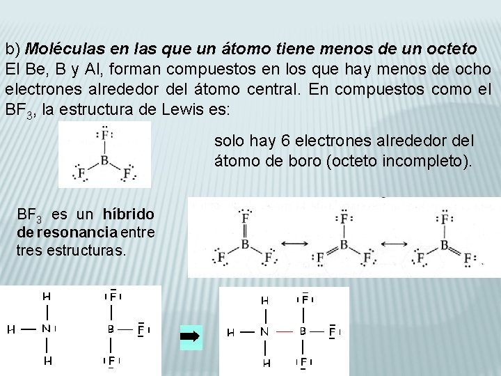 b) Moléculas en las que un átomo tiene menos de un octeto El Be,