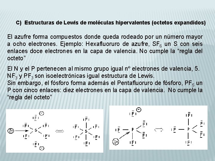 C) Estructuras de Lewis de moléculas hipervalentes (octetos expandidos) El azufre forma compuestos donde