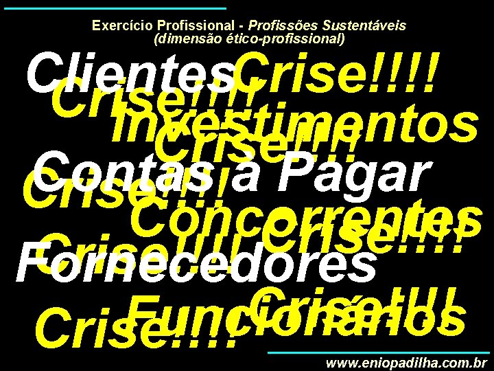 Exercício Profissional - Profissões Sustentáveis (dimensão ético-profissional) Clientes Crise!!!! Investimentos Crise!!!! Contas à Pagar