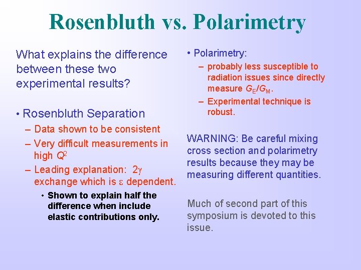 Rosenbluth vs. Polarimetry What explains the difference between these two experimental results? • Rosenbluth