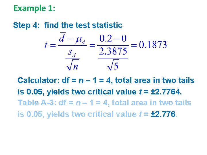Example 1: Step 4: find the test statistic Calculator: df = n – 1