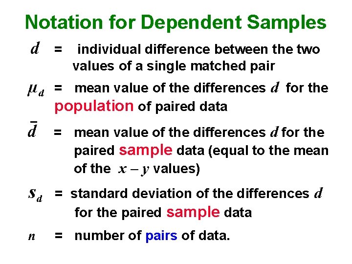 Notation for Dependent Samples d = µd = mean value of the differences d
