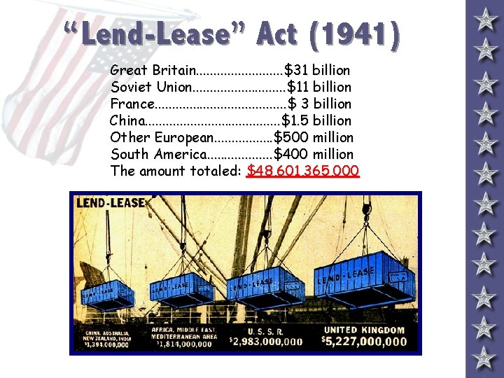 “Lend-Lease” Act (1941) Great Britain. . . $31 billion Soviet Union. . . .