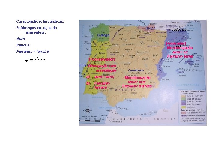 Características lingüísticas: 3) Ditongos au, ai, ei do latim vulgar: Basco Galego Auru [+inovador]