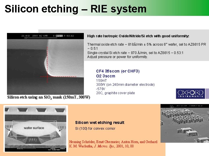 Silicon etching – RIE system High rate Isotropic Oxide/Nitride/Si etch with good uniformity: Thermal