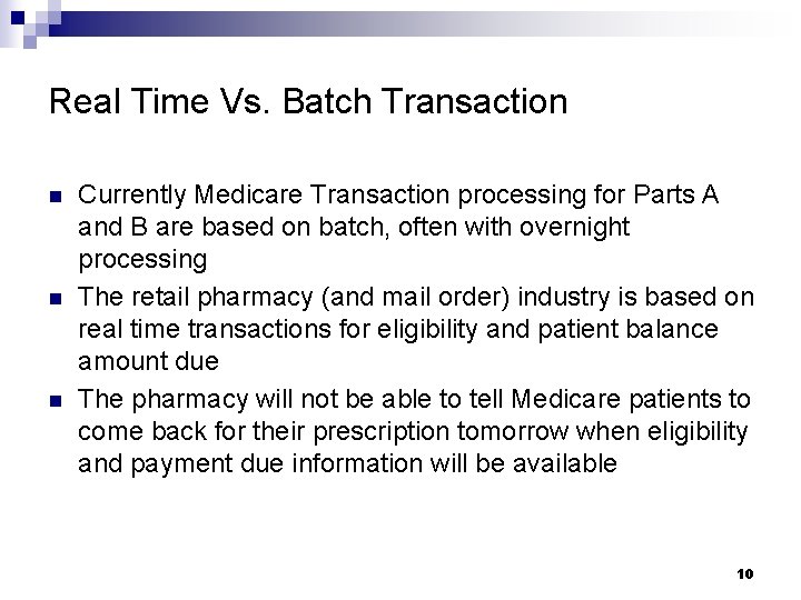 Real Time Vs. Batch Transaction n Currently Medicare Transaction processing for Parts A and
