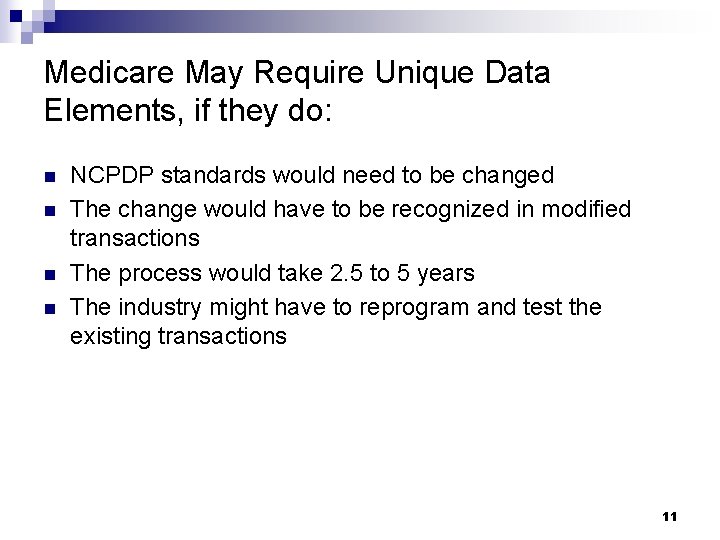 Medicare May Require Unique Data Elements, if they do: n n NCPDP standards would