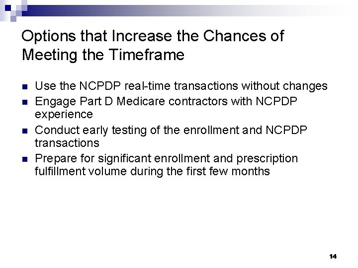 Options that Increase the Chances of Meeting the Timeframe n n Use the NCPDP