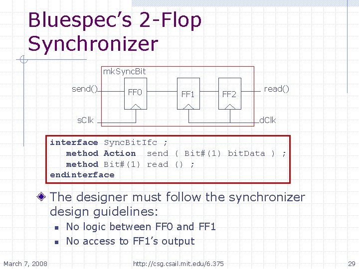 Bluespec’s 2 -Flop Synchronizer mk. Sync. Bit send() FF 0 FF 1 FF 2