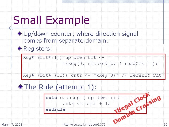 Small Example Up/down counter, where direction signal comes from separate domain. Registers: Reg# (Bit#(1))