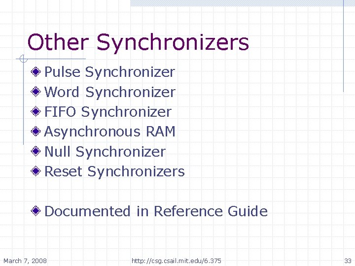 Other Synchronizers Pulse Synchronizer Word Synchronizer FIFO Synchronizer Asynchronous RAM Null Synchronizer Reset Synchronizers