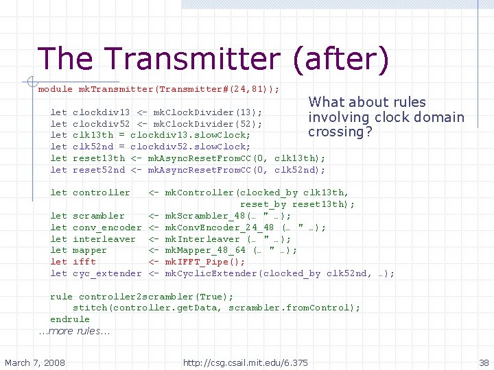 The Transmitter (after) module mk. Transmitter(Transmitter#(24, 81)); let let let What about rules domain