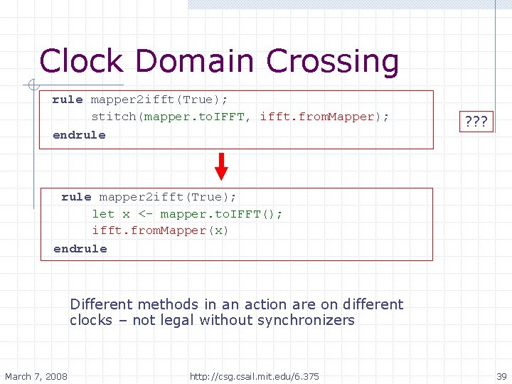 Clock Domain Crossing rule mapper 2 ifft(True); stitch(mapper. to. IFFT, ifft. from. Mapper); endrule