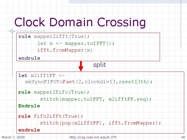 Clock Domain Crossing rule mapper 2 ifft(True); let x <- mapper. to. IFFT(); ifft.